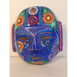 Vintage 1980s Mexican Redware Mask Hand Painted Hand Made Talavera Folk Art